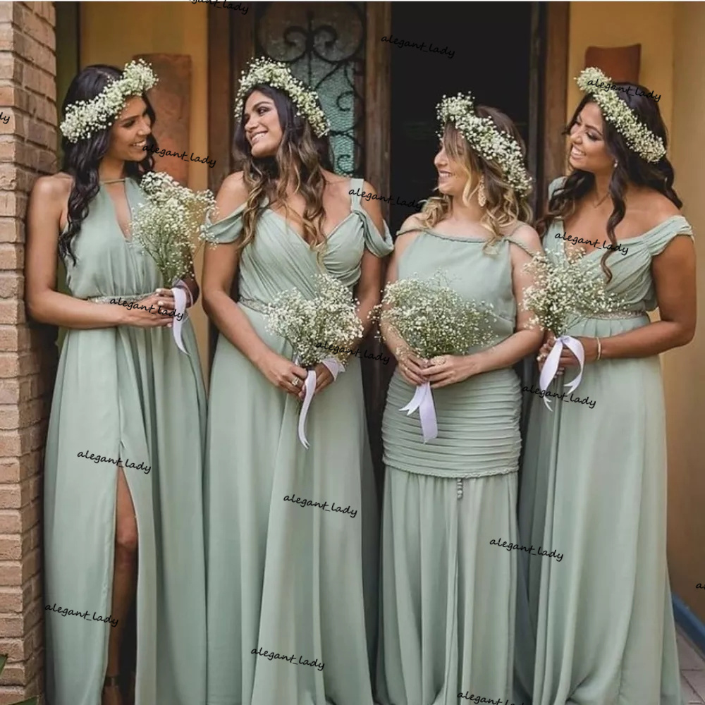 

Sage Green Series Bridesmaid Dress V-Neck Off The Shoulder Side Split Sashes Pleat bohemian country Floor Length Wedding Party Gowns