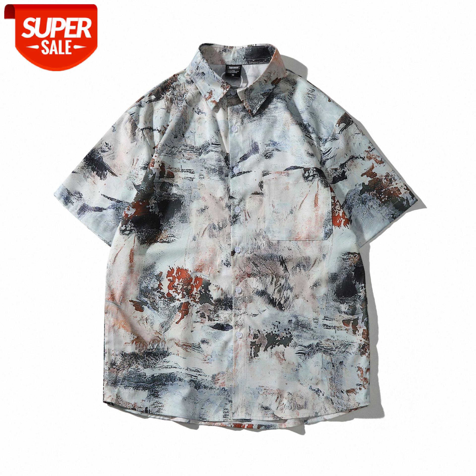 

Japanese vintage ink painting flower shirt men and women Weiyi style beach tops flow loose shirts #jr16, White;black