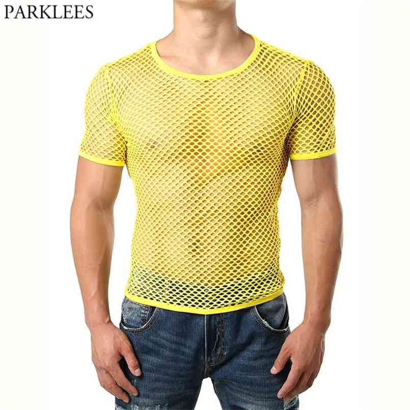 

Yellow Mesh See Through Tshirt Men Sexy Short Sleeve Fishnet Transparent Tee Shirt Homme Hip Hop Streetwear Tops Tees 210721, White