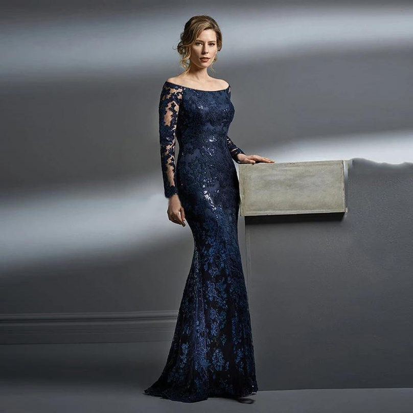 

Scoop Neck Long Sleeves Mermaid Lace Mother of the Bride Dresses Appliques Sweep Train Formal Evening Party Gowns