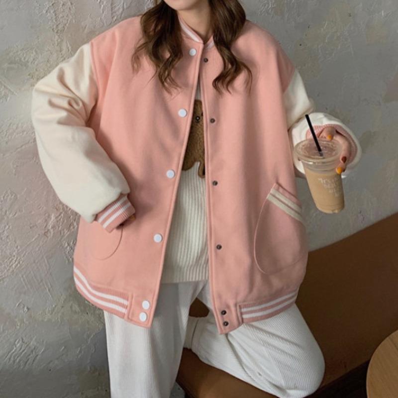 

Women's Jackets American Baseball Jacket Spring And Autumn Winter Plush Thickened Student Coat 2021 Korean Loose Top, Pink plush