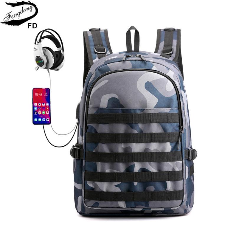 

School Bags Fengdong Teenage Backpack For Boy Large Camouflage Bookbag High Boys Sport USB Port Earphone Jack, Blue chest bag