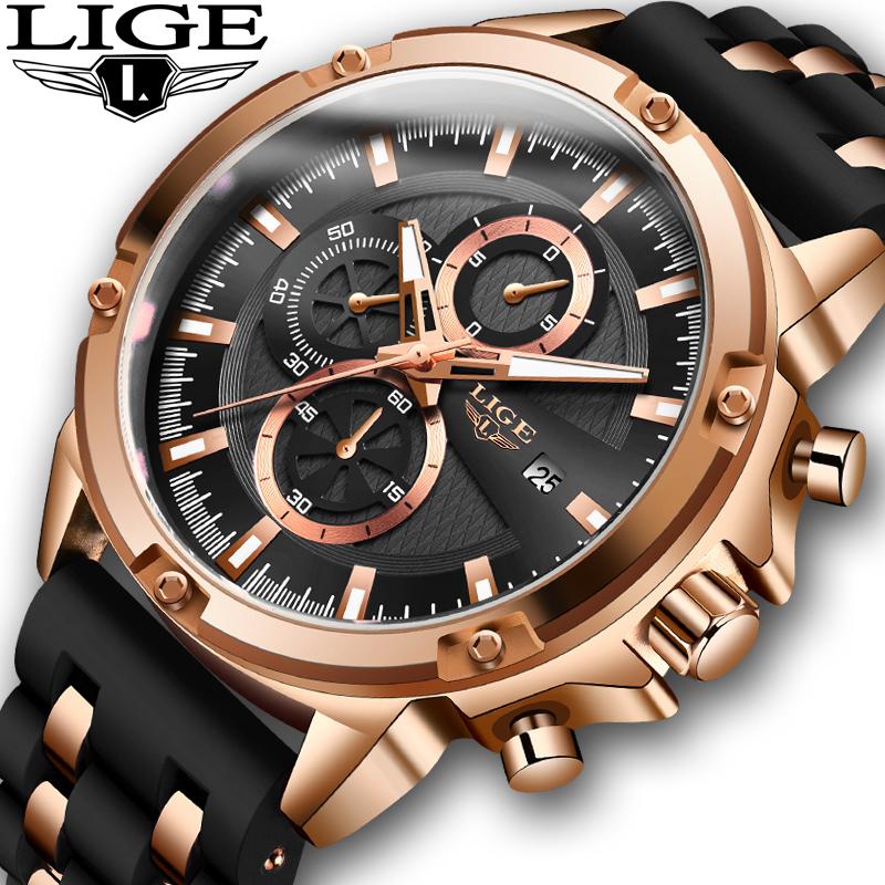 

Wristwatches 2021 Watch Men LIGE Waterproof Silica Gel Quartz Clock Male Military Sport Chronograph Men's Fashion Brand Top Wristwatch, All black