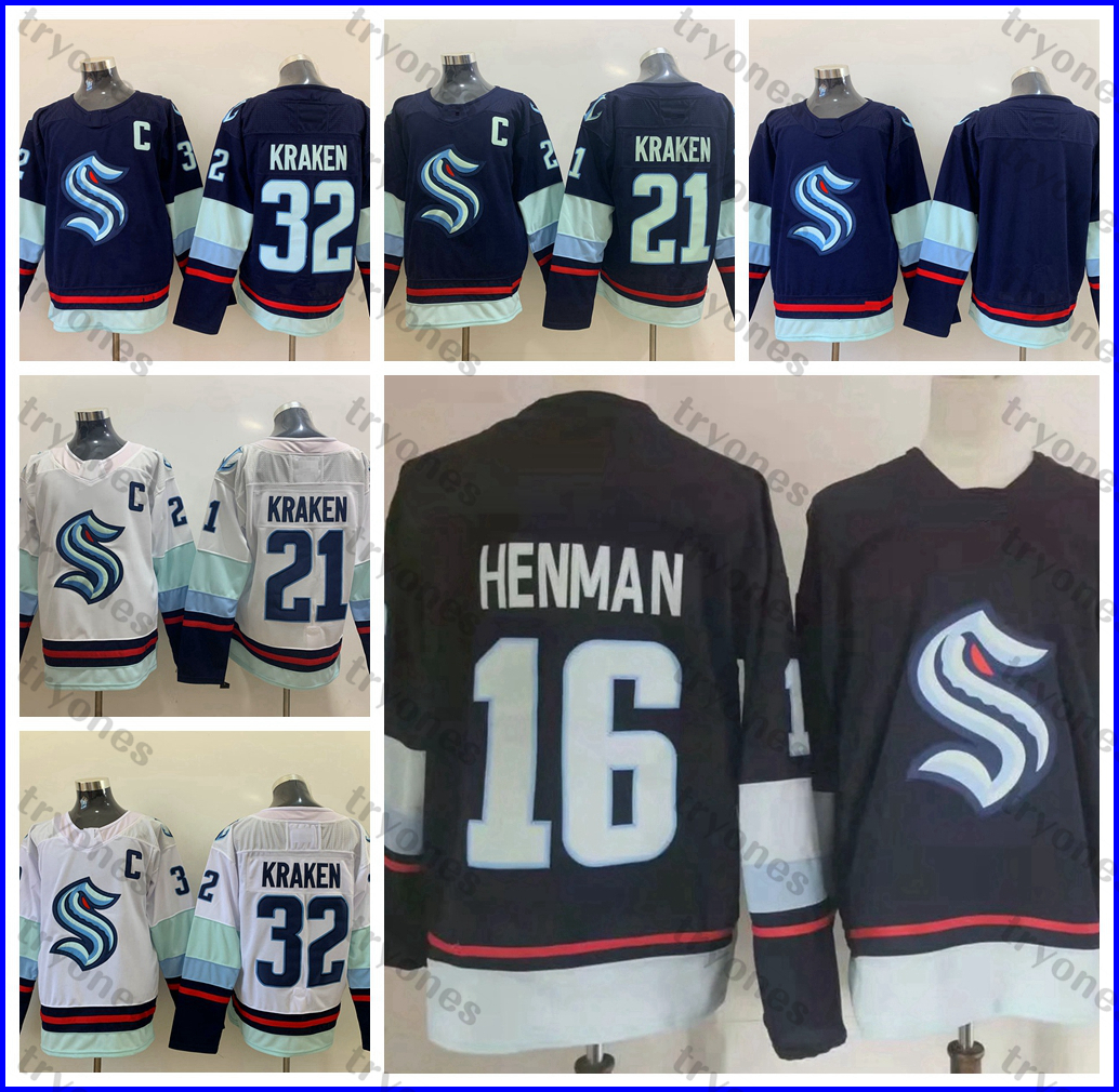 

2021 Seattle Kraken Luke Henman 16 Hockey Jersey Mens 32 21 Home Away Quality Stitched Shirts Blue White S-XXXL