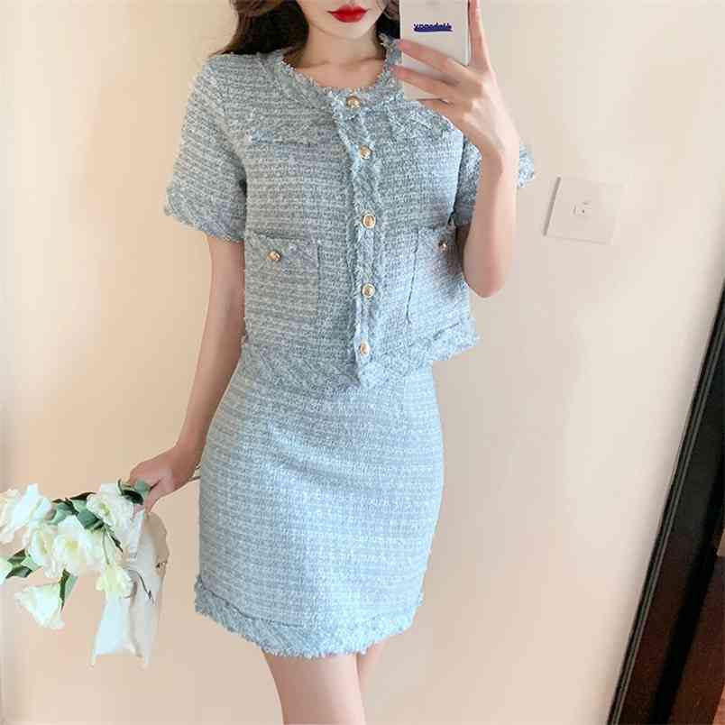 

Summer Tweed 2 Piece Sets Women Single Breasted Short Sleeve Jacket + High Waist Bodycon Mini Skirt Elegant Office Ladies Suit 210519, Pink