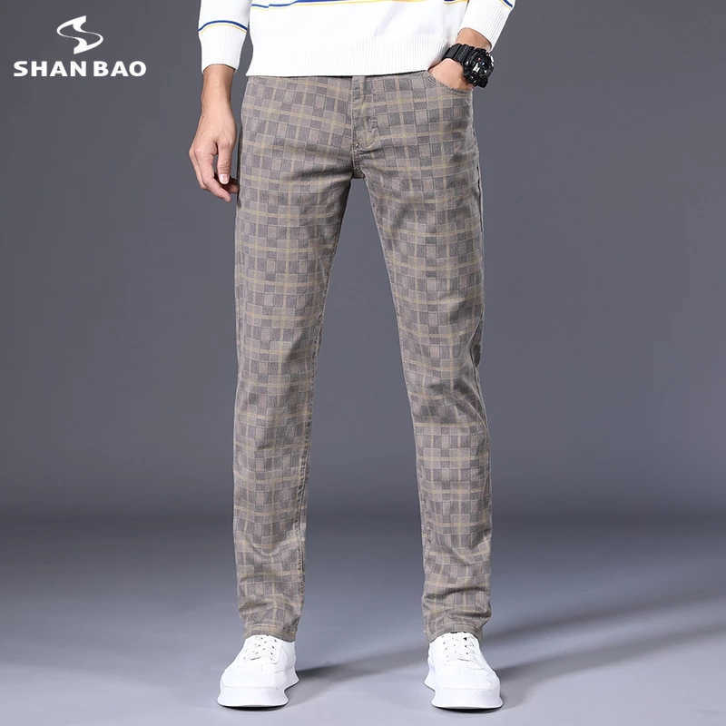 

SHAN BAO Summer and Autumn Cotton Stretch Brand Plaid Pants Classic Style Youth Men's Fitted Straight Casual Pants 6 Colors 210616, Light khaki