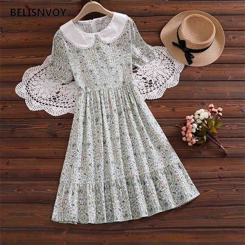 

Japanese Mori Girl Summer Women Floral Printed Dress Peter Pan Collar Sweet Vestidos Mujer Elegant Cute Ruffles 210520, Pink