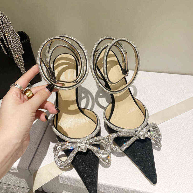

2021 New Style Rhinestone Stiletto Sandals Female Crystal Word With Fairy Bow Knot With Diamond Banquet High Heels H1213, Black