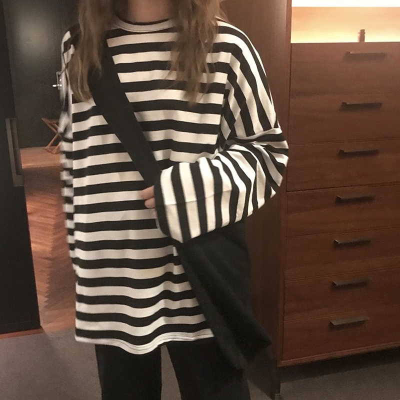 

Spring Autumn Women T shirt harajuku Striped Long Sleeve O-Neck Ulzzang Korean Casual Oversized Shirt Femme Black Tops