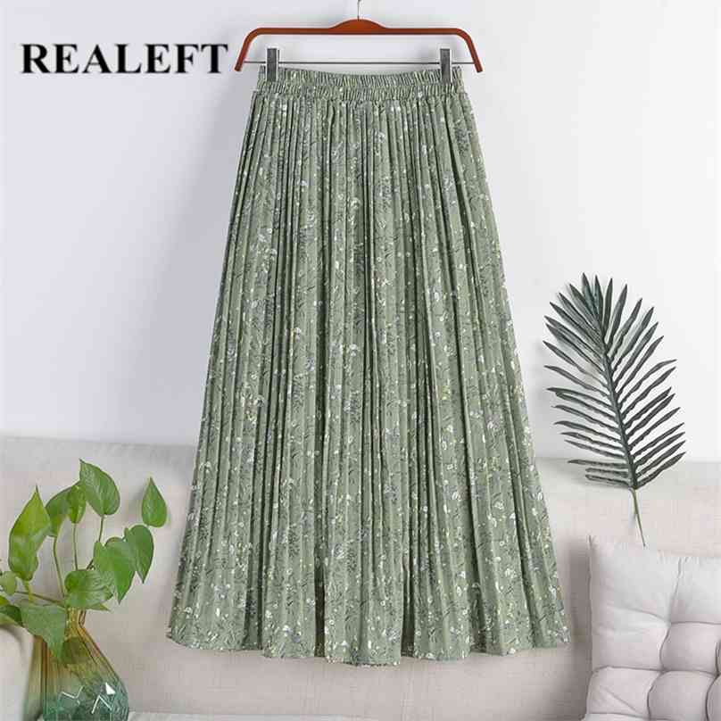 

REALEFT Summer Vintage Floral Print Tulle Pleated Women's Mi-Long Skirts Chiffon High Waist Loose Female Umbrella Skirt 210629, 18