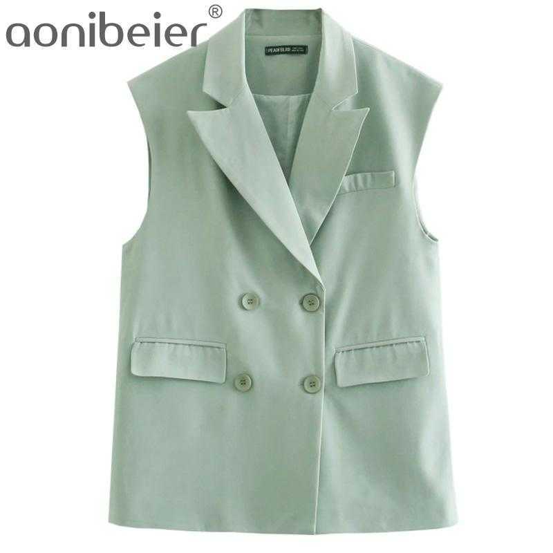 

Women Simply Double Breasted Vest Jacket Office Ladies Outfits Wear Casual Suit Waistcoat Pockets Outwear Tops 210604, Light green