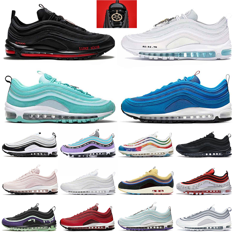 

Arrivals 97 Satan Running Shoes For Men Wolmen 97s Blue Hero Swarovski LX Silver Bullet White Sean Wotherspoon Glace Blanche Off Sneakers Trainers, White;red
