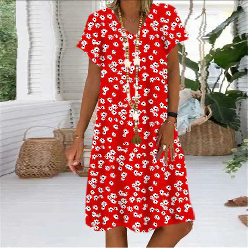 

Big size dress women summer dress Loose short sleeve chrysanthemum printed dresses with pocket lus size women clothing dress Y0603, Red