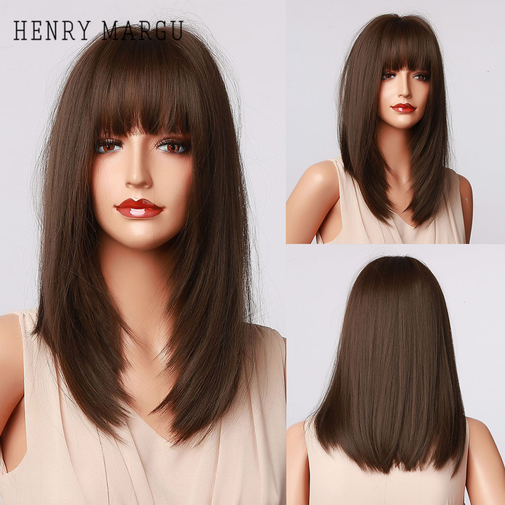 HENRY MARGU Long Synthetic Bob Wigs with Bangs Straight Dark Brown Layered Wigs for Women Natural Cosplay Heat Resistant Wigs-image-723183990