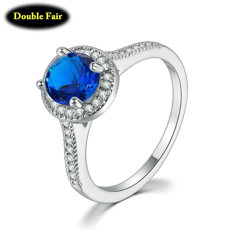 

Cluster Rings Round Big Blue Crystal Finger For Women Luxury Inlaid CZ Stone Wedding Bands Fashion Jewelry DWR781M, Golden;silver