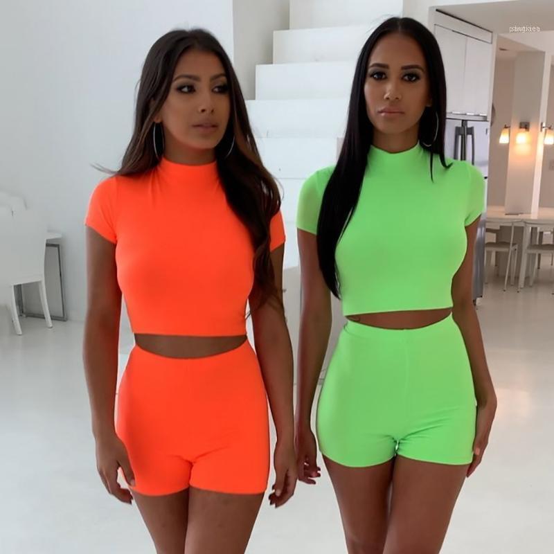 

Solid Sexy Two Piece Set Clothes For Women O Neck Short Sleeve Crop Tops And Shorts Suit 2021 Summer 2 Outfits Women's Tracksuits, Gray