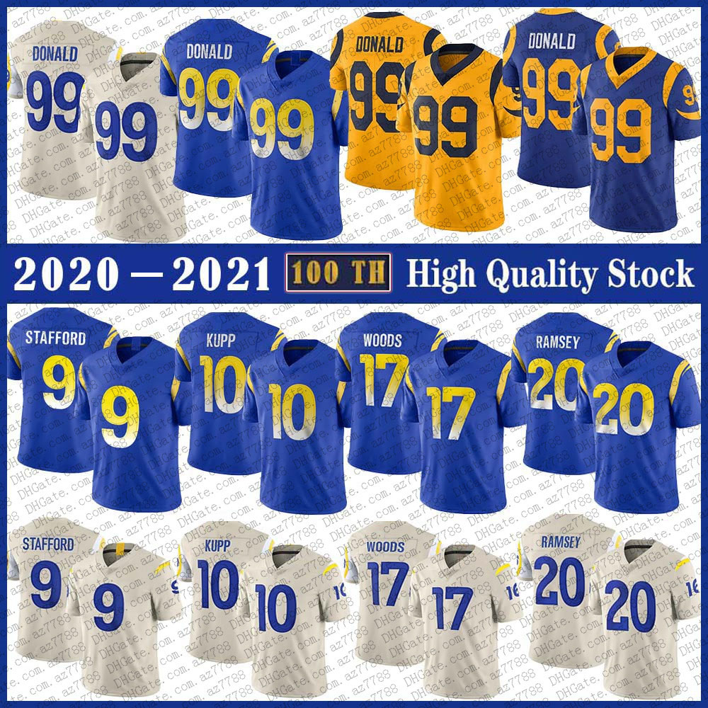 

9 Matthew Stafford LA Football Jersey 99 Aaron Donald 10 Cooper Kupp 17 Robert Woods 20 Jalen Ramsey 16 Jared Goff High quality Stitched jerseys, Shown
