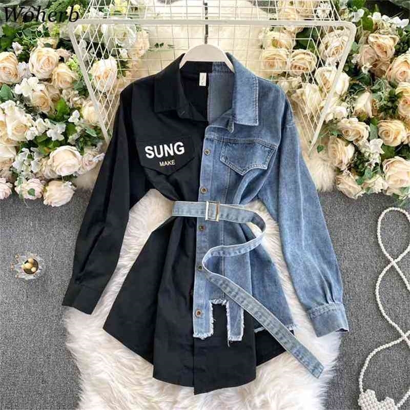 

Autumn Fashion Contrast Color Patchwork Blouse Women Casual Belt Bandage Denim Jeans Shirt Harajuku Streetwear 210519, Blue striped