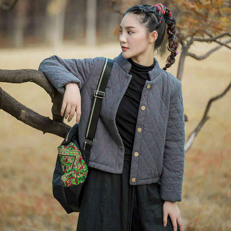 

Johnature Women Vintage Button Jackets Argyle Winter Coats Stand Long Sleeve Warm Jacquard Chinese Style Jackets Coats 210521, Gray