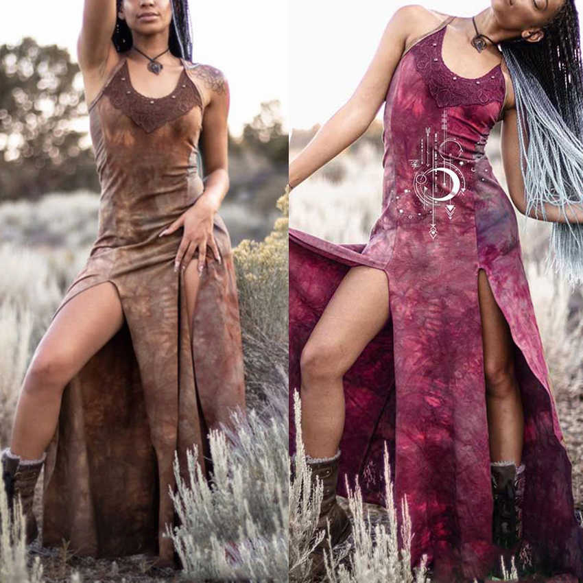 

Halloween Medieval Viking Pirate Cosplay Costume Women Dress Tie-dye Vintage Retro Strap Dresswes Split Long Sexy Slim Vestido H0910, Color16