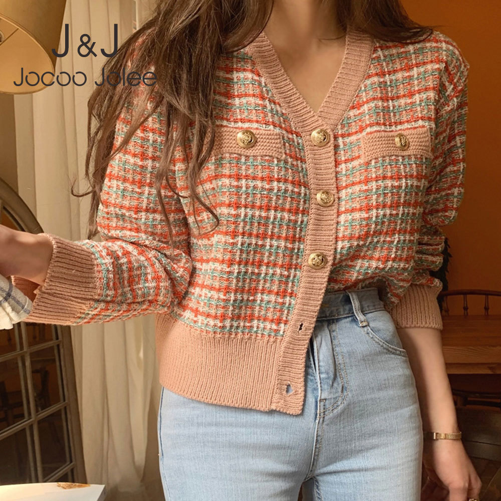 

Jocoo Jolee Vintage Single-breasted Cropped Cardigans Elegant Plaid Knitted Cardigan Women Sweater Casual Harajuku Sweaters 210518, As photo