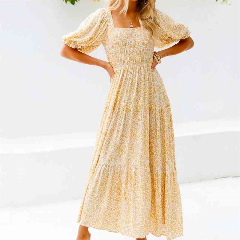 

Women Retro Floral print long Dress Square neck pleated puff sleeve dress Summer Elegant Chiffon Short Sleeve Dresses Femme 210524, Yellow