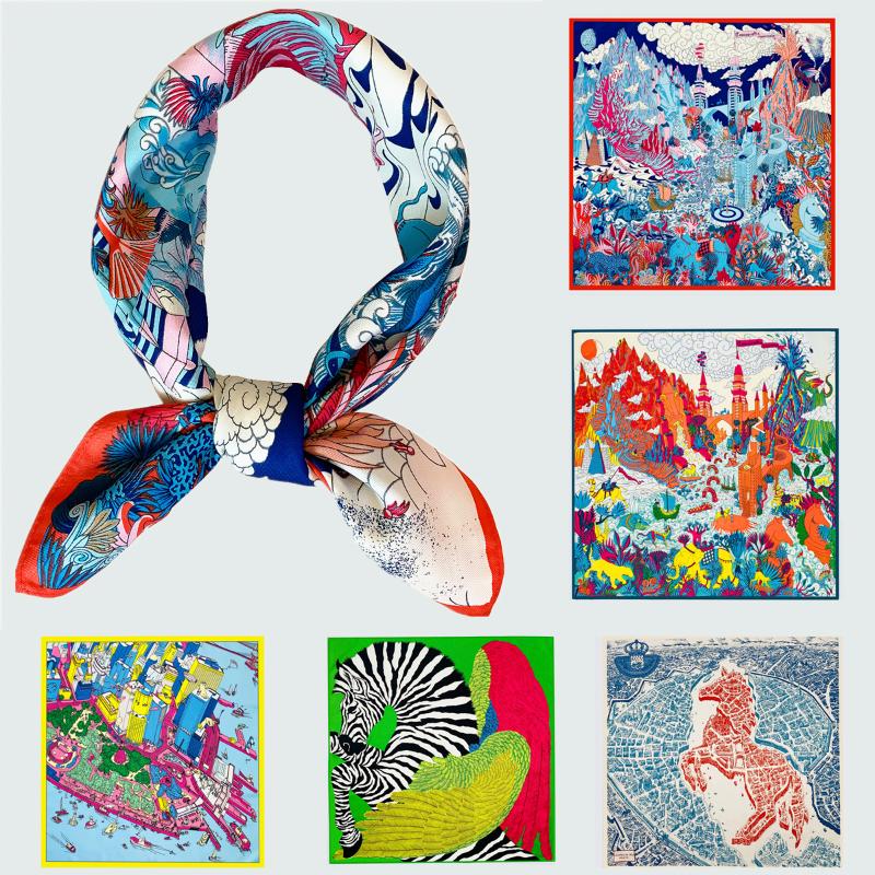 

Scarves 53cm Brand Scarf Women Silk Hijab Square Fashion Bandana Headband Leopard Elephant Horse Neckerchief For Ladies