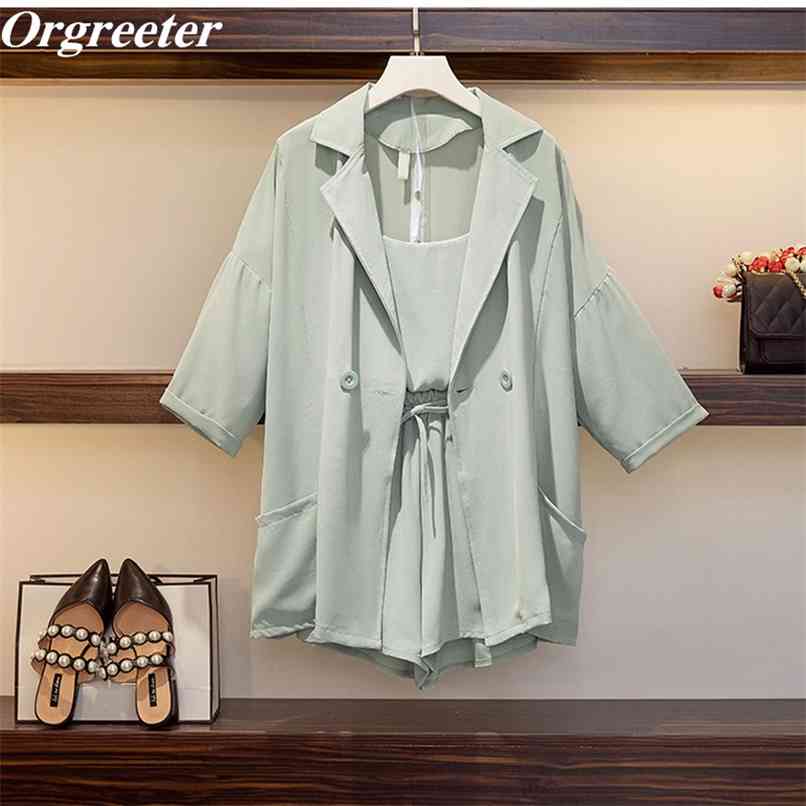 

Chiffon Suit Shorts 3 Piece set Female Summer Loose and Breathable Thin Jacket + Vest Elastic waist Suits 210602, Green