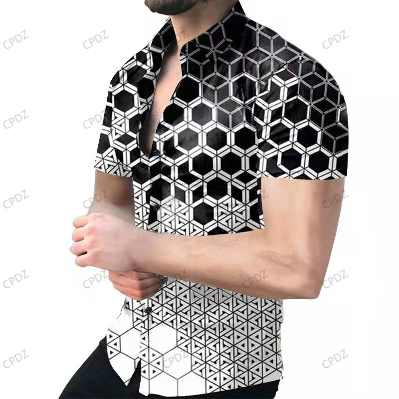 

roll graphic shirts for men trendy Lapel summer outdoor loose fashion letter Striped Printed button down short sleeve beach party style Hawaii plus size blouse, T22