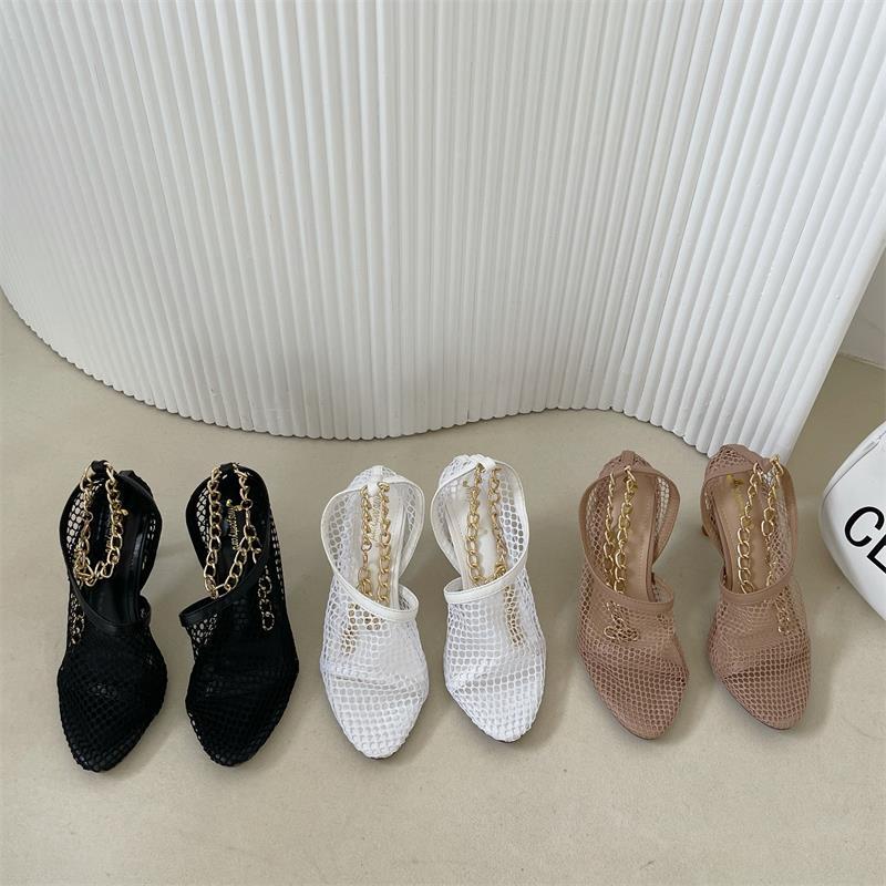 

European And American Famous Warm 2021 Summer Chain Women High Heels Sexy Fishnet Yarn Sandals Stiletto Size 35-42, Black