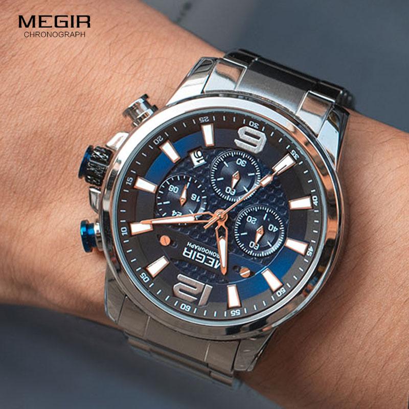 

Fashion Stainless Steel Mens Watches Top Business Luminous Chronograph Quartz Watch Relogio Masculino Wristwatches, Slivery;brown