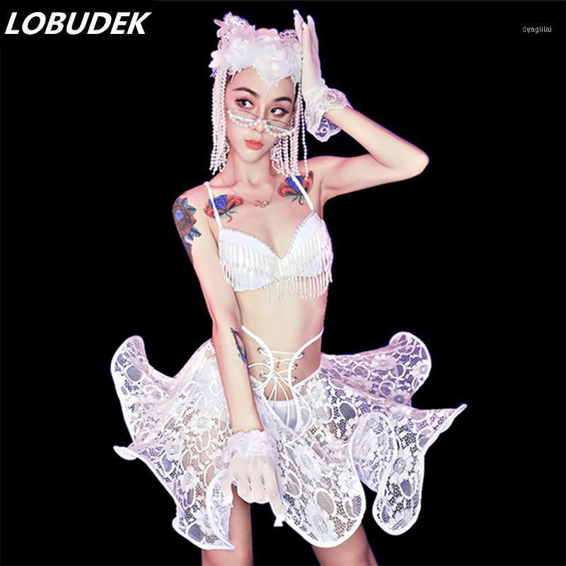 

Bar Club Party Show Sexy Stage Wear Women DJ Singer Dancer Nightclub Performance Costume White Beading Bikini Lace Skirt Outfits1