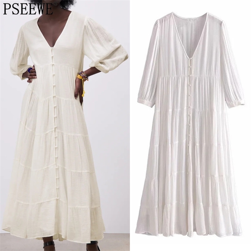 

Summer Dresses White Pleated Long Women Puff Sleeve Ruched Midi Woman Button Ruffle Casual 210519, Ivory