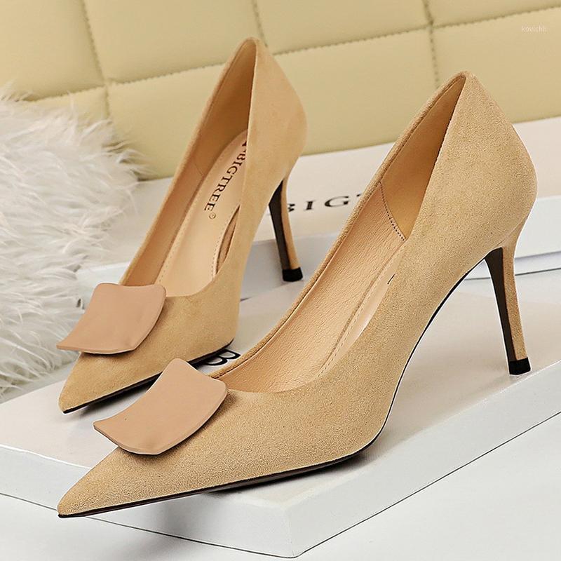 

Dress Shoes Flock High Heel For Women Pumps On Heels Square Button Ladies Female Party Pointed Toe Stiletto, Yellow
