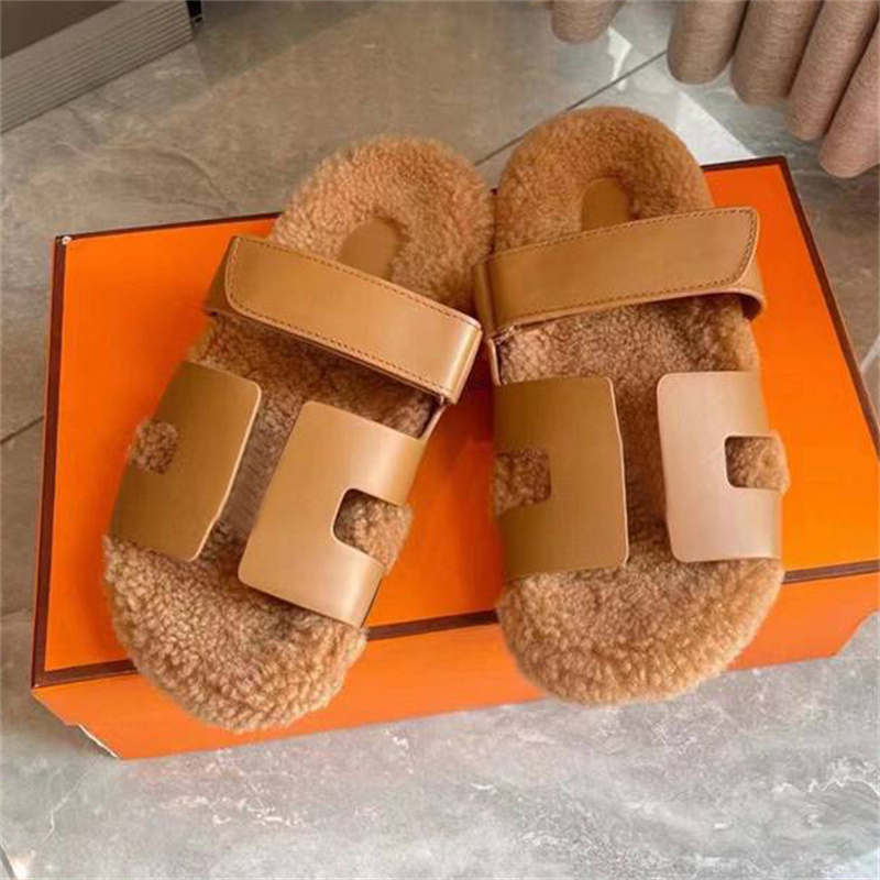 

Wool Designer Slippers Resistant Rubber Flat Slides Genuine Leather Sandals Fur Warm Sandal Sheepskin Winter Slipper