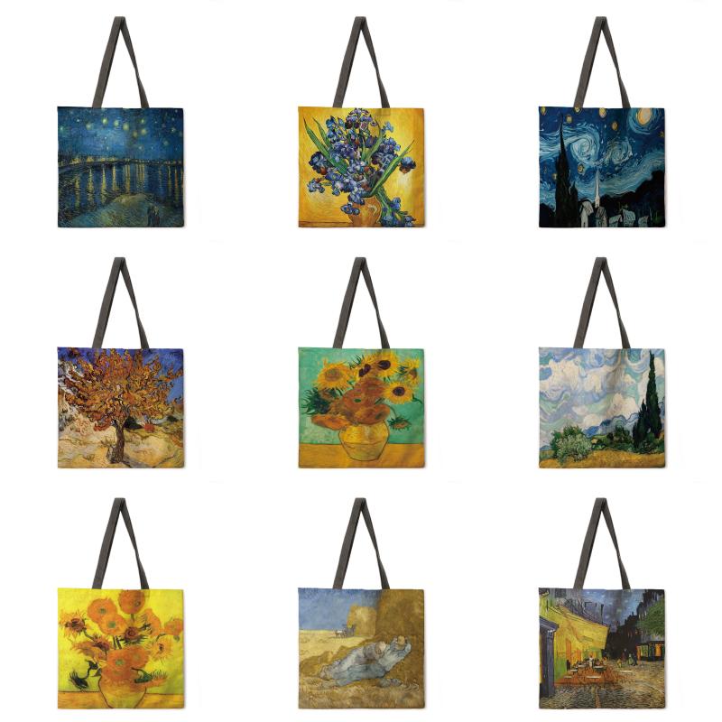Duffel Bags Classic Oil Painting Printed Tote Bag Linen Fabric Casual Foldable Shopping Reusable Beach Lady Shoulder-image-705953952