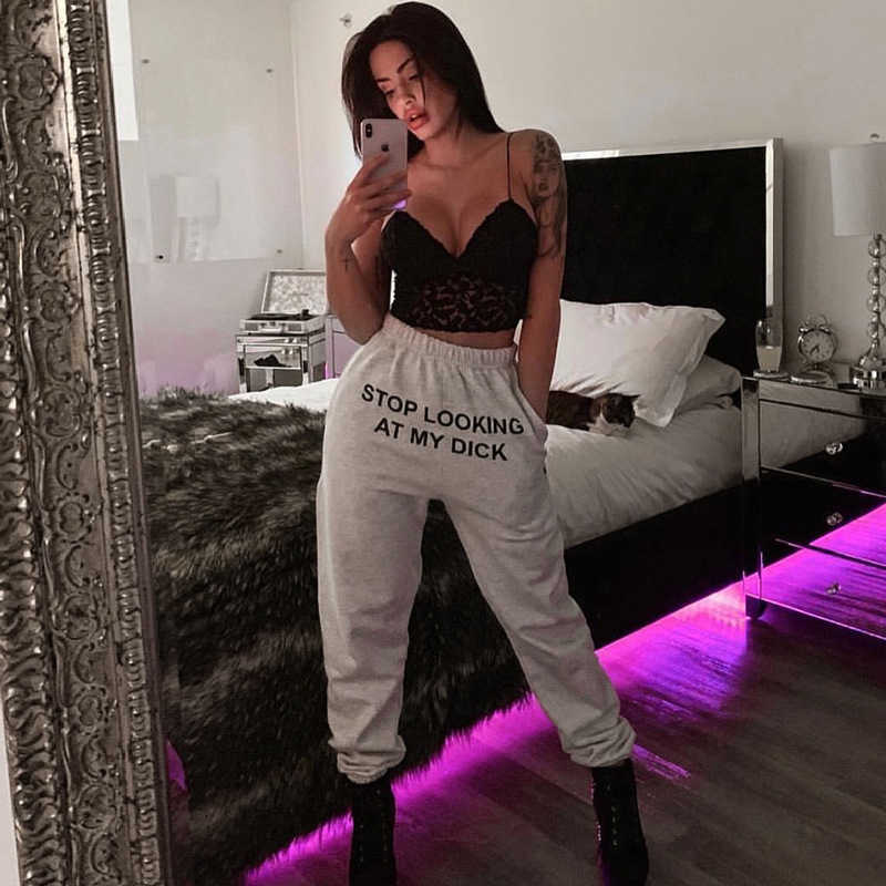 

Deeptown Sweat Pants Women Joggers Stop Looking At My Dick Sweatpants Hip Hop Print High Waist Trousers Cotton Sweatpants Hippie Q0801, Beixinbai