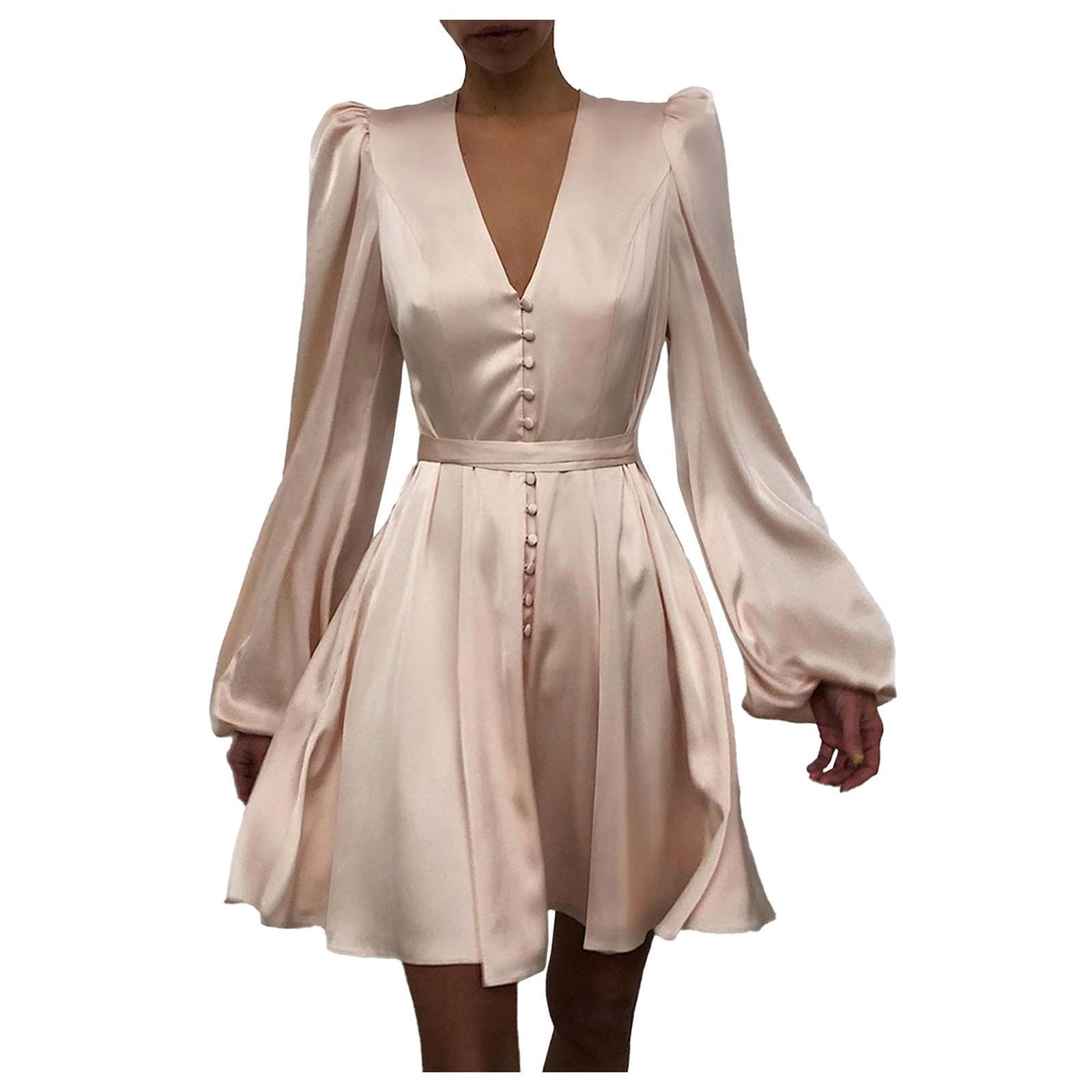 

women dress plain puff sleeve dresses ruffled button knee-length long womens elegant female l3, Black;gray