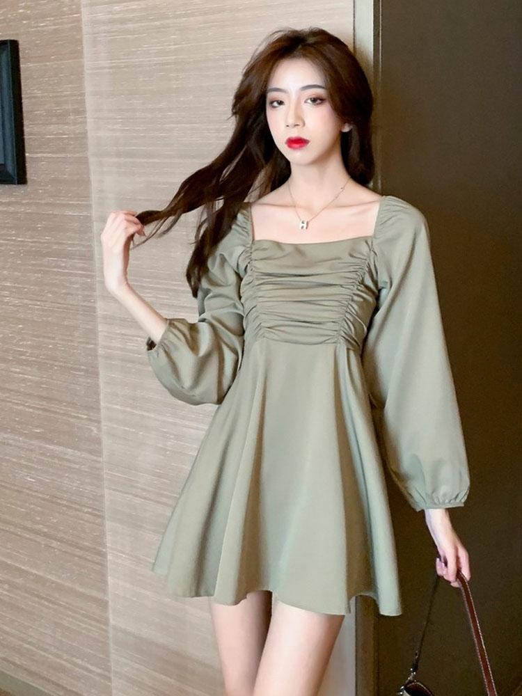 

Casual Dresses French Retro Temperament Slim Square Black Dress Women Mini High Waist Puff Long Sleeve Pleated Korean Chic Robe Solid, Black;gray