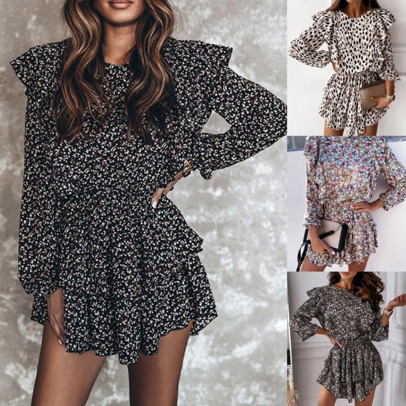 

Casual Dresses Elegant Women Floral Mini Dress Flying Sleeve Round Neck Leopard Print Ruffle Layered Accessory Women's Clothing, Black;gray