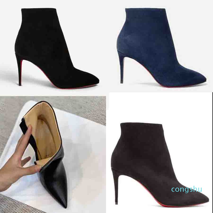 Black Genuine Leather Ankle boots Sexy Woman High Heels Booties Leathers Red Bottom Pumps Paris Reds Soles Ankles Boot With zipper in 11