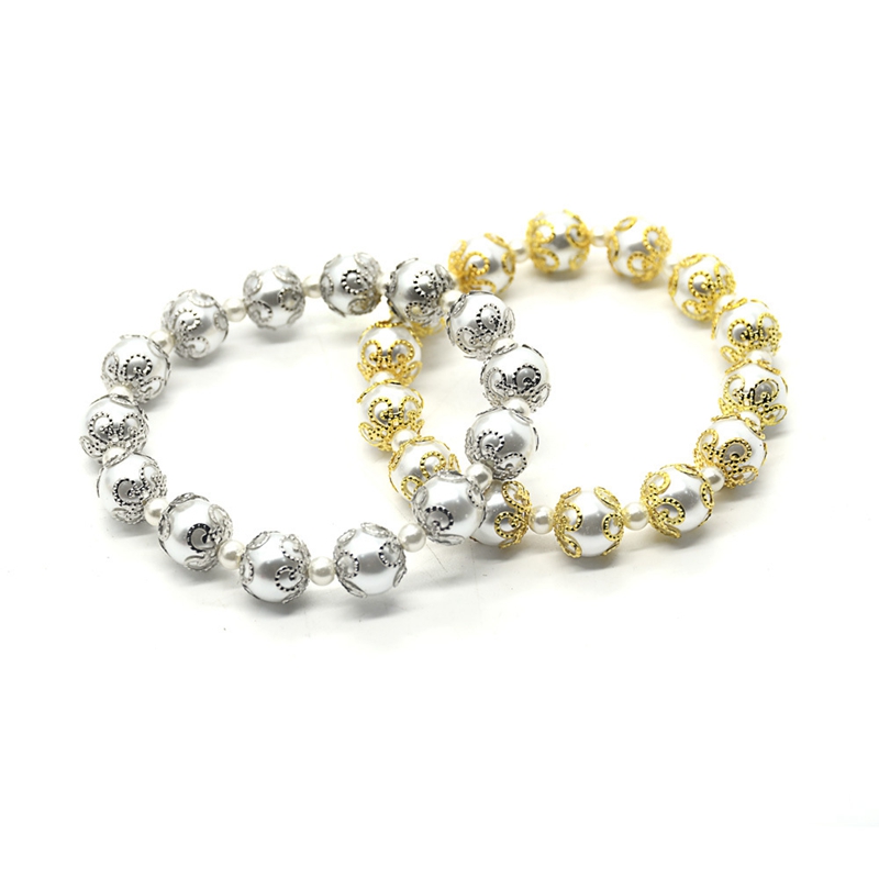 

White Imitation Pearl Beaded Strand Bracelets For Women With Gold Cup