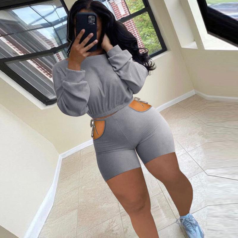 

Women's Tracksuits Sexy Fitness Matching Two Piece Short Sets For Women Long Sleeve Bandage Crop Top Cut Out Hole Biker Summer Suit, Blue