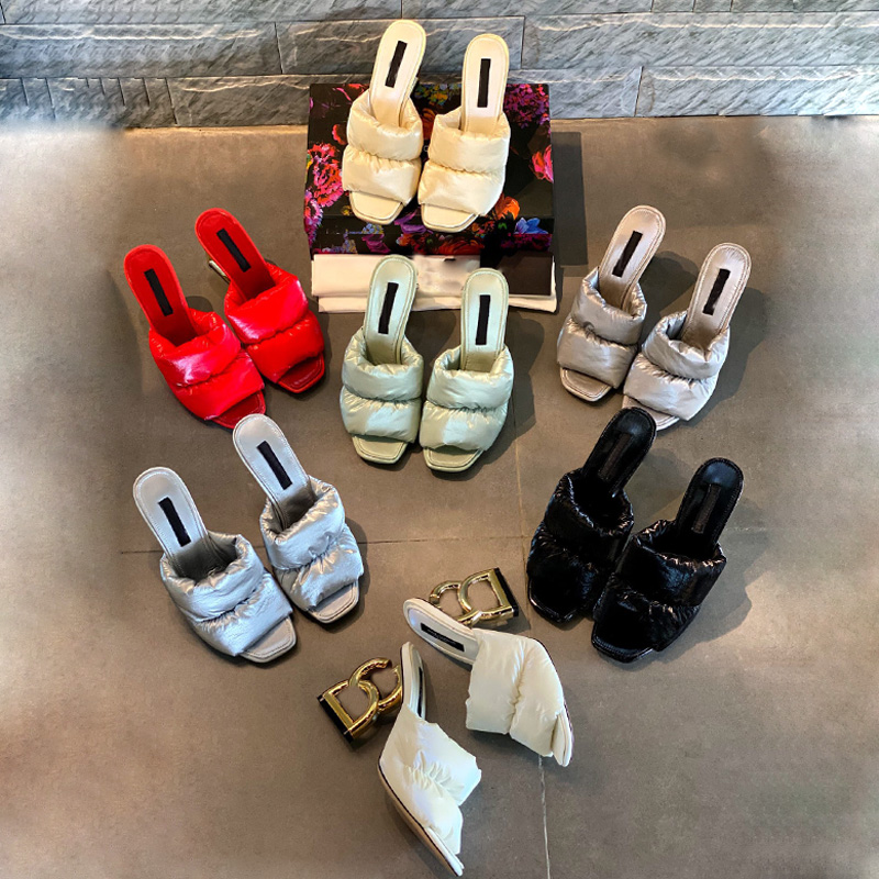 

Patent down cloth slippers latest fashion metal special-shaped heel one piece women's slipper leather sole high-end comfortable sandals factory shoe35 42, Red