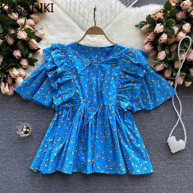 

KUSAHIKI Korean Floral Women Doll Shirt Ruffle Flare Sleeve O-neck Blouse Tops Causal Summer Blusas Mujer De Moda 6J337 210602, Pink