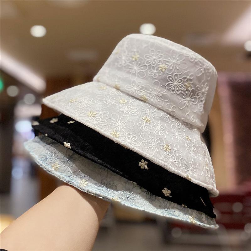 

Stingy Brim Hats Hat Female Flower Lace Big Eaves Sunshade Fisherman Summer Thin Breathable Folding, Blue;gray