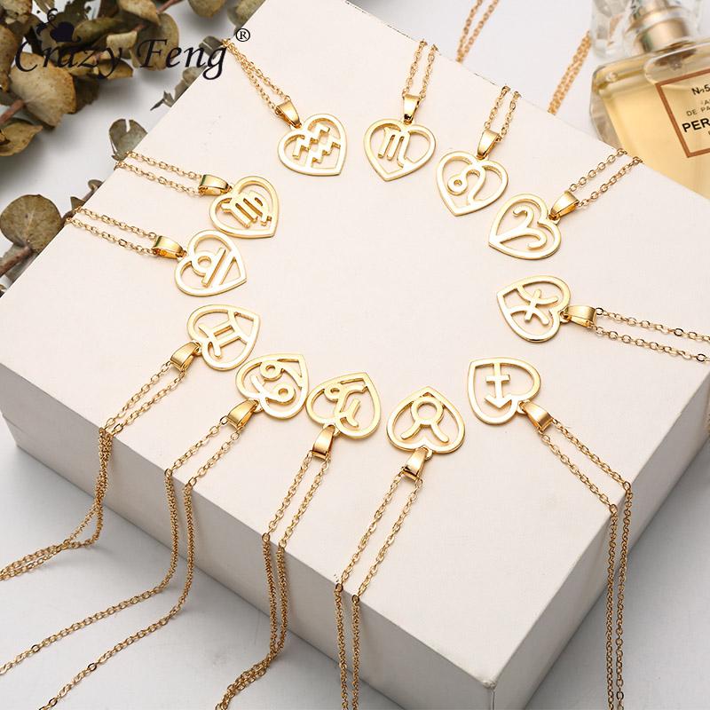 

Crazy Feng Vintage Gold Alloy Pendant Necklace Simple Letters Twelve Constellations For Women Accessories Chains, Silver