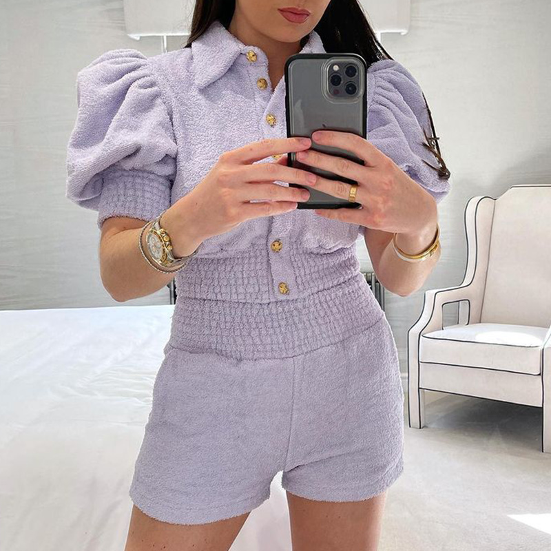 

Women Fashion Turn Down Collar Suits Elastic Waist Shorts Buttons Suit Women Elegant Puff Sleeve Suits Female Ladies, Purple