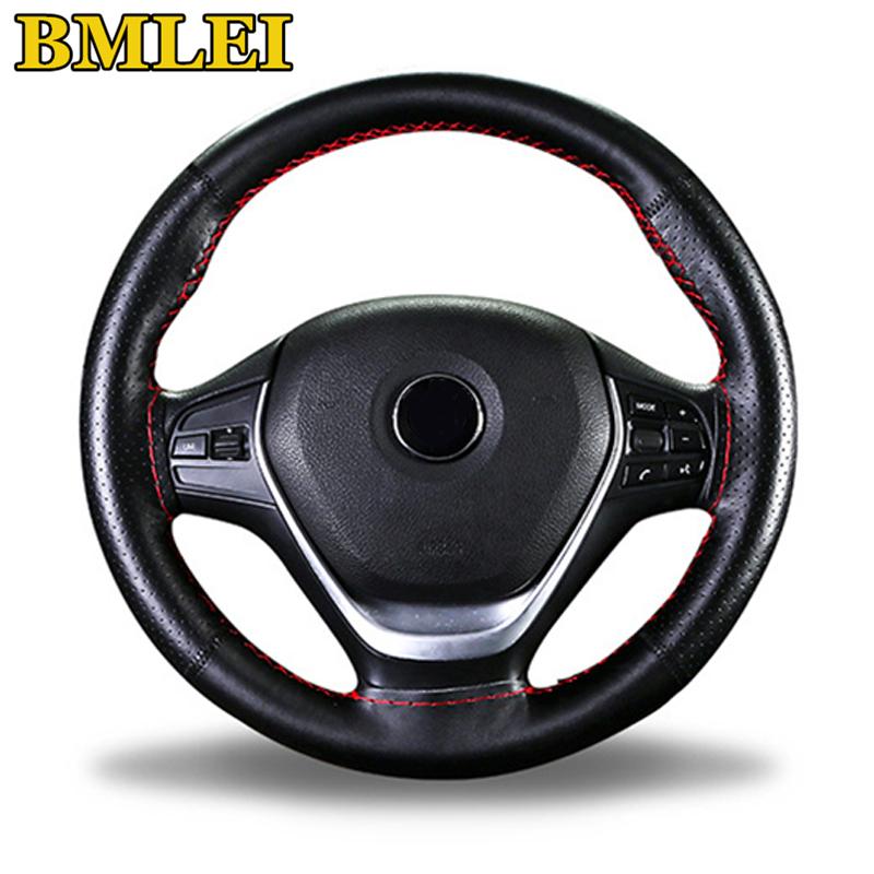 

Steering Wheel Covers Car Cover Genuine Leather Stitch On Wrap Black Soft Non-slip Breathable Stitching With Needle Thread
