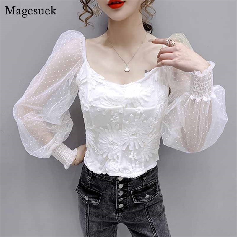 

Sexy Mesh Stitching Waist Hugging Slimming Early Autumn Fashion Lantern Sleeve Square Collar Tops Chemisier Femme 11420 210518, Pink
